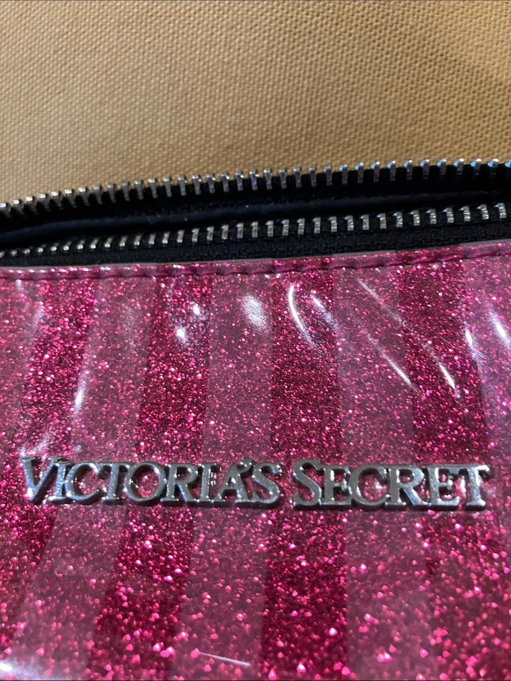 Victoria's Secret Pink Glitter Stripe Cosmetic Case